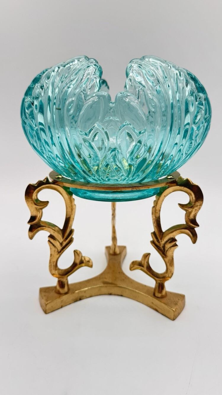 Vintage Fenton Aqua Blue Glass Bowl on Ornate Brass Stand Mid Century Home Decor